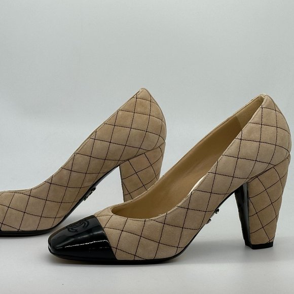 CHANEL 22B Quilted Suede Patent Cap Toe Pumps Heels Shoes - Picture 10 of 14